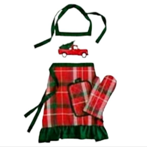 Apron Pot Holder Oven Mitt Red Truck Plaid Holiday CHRISTMAS BAKING COOKING - Picture 1 of 6